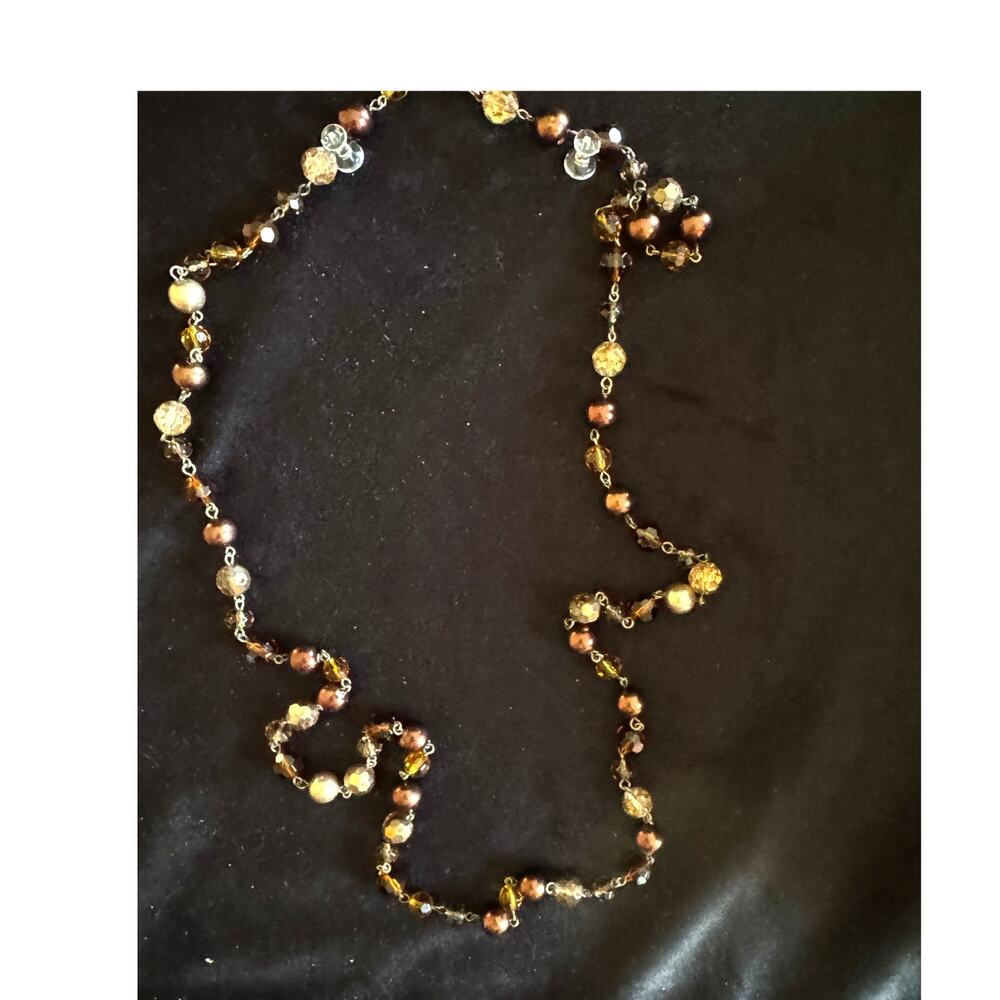 Vintage 38” Faceted Bead Faux Pearl Necklace Brown Gold Long Strand N245